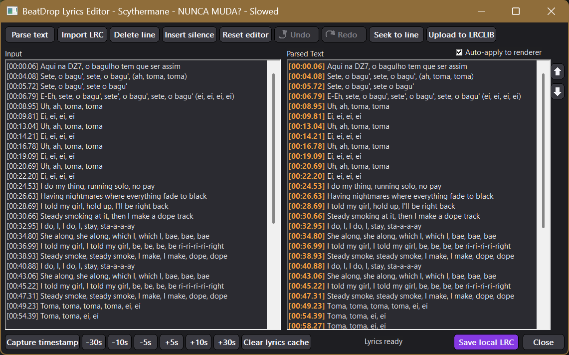 BeatDrop Lyrics Editor showing timestamped input lyrics, parsed preview, editing controls and save options