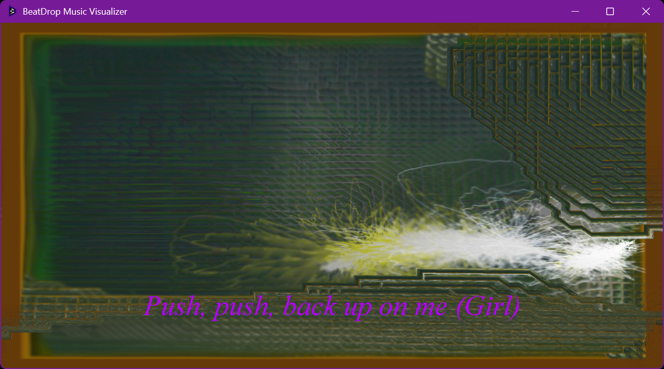 A synchronized lyric line displayed over a BeatDrop visualization