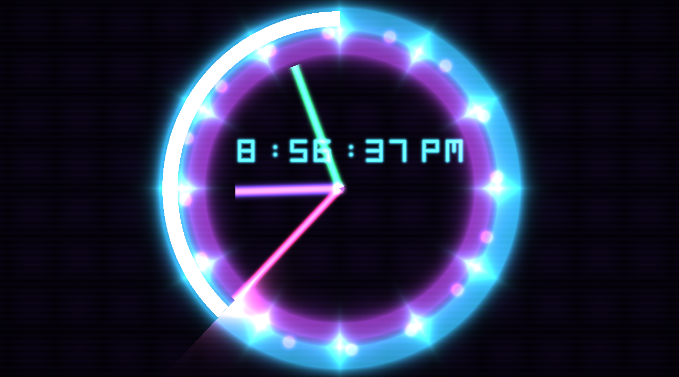 A BeatDrop preset displays the current system time as a glowing clock