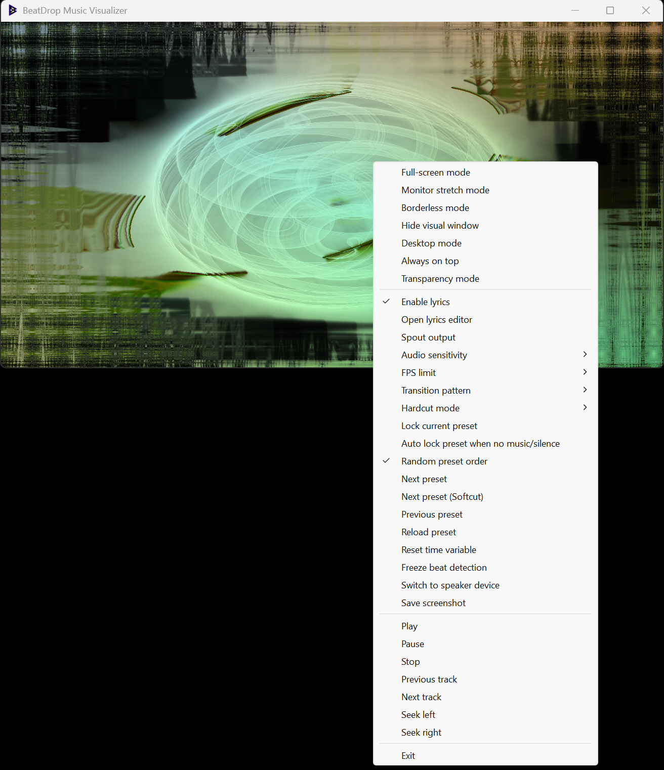 BeatDrop’s menu with display, lyrics, audio, preset and music playback options